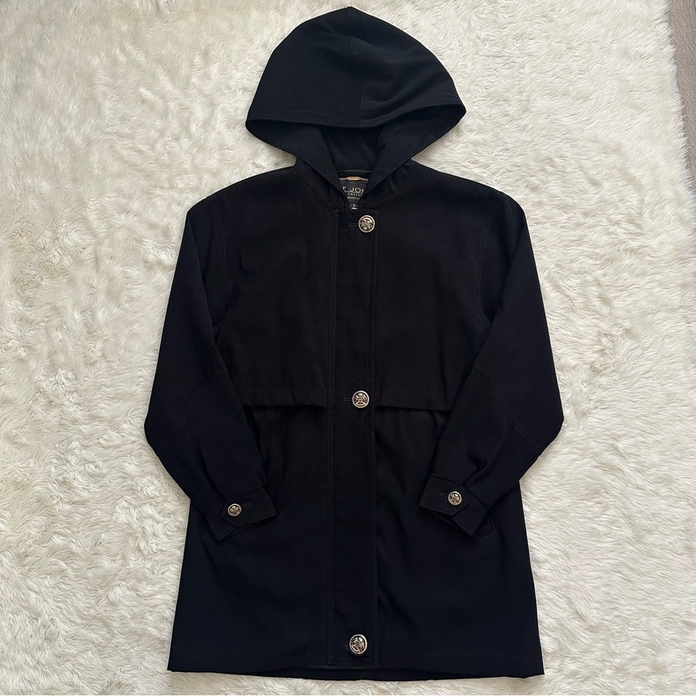 St. John Coat Collection Jacket Hooded Zip Up Gold Buttons Pockets Black Sz S